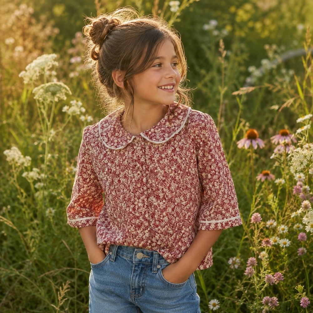DÔEN Girl's Floral Fruit Pajama Top Red Cream Peter Pan Collar Cotton Size 10